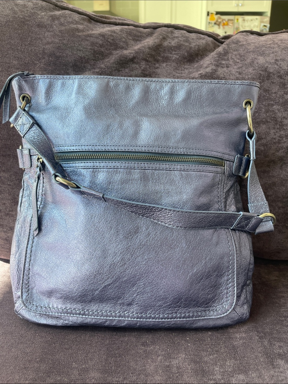 The Sak Painted Leather Crossbody Bag Purple Blue Chrome Metallic Hobo Purse